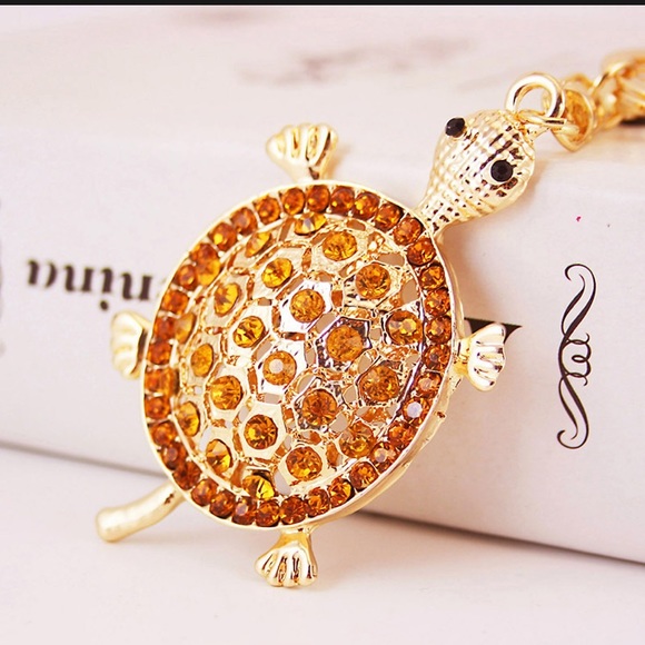 Rhinestone and gold turtle metal pendant keychain charm. New with gift box. - Picture 1 of 4
